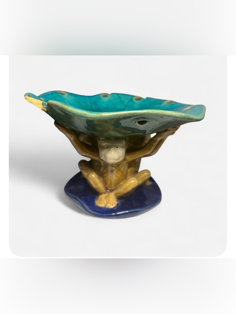 Vintage Majolica Style Three Monkeys Lily Pad Centerpiece Bowl - Palm Beach